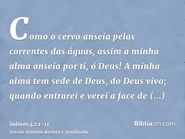 Como o cervo anseia pelas correntes das águas, assim a minha alma anseia por ti, ó Deus!A minha alma tem sede de Deus, do Deus vivo; quando entrarei e verei a f