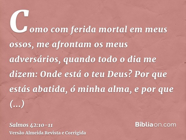 Como com ferida mortal em meus ossos, me afrontam os meus adversários, quando todo o dia me dizem: Onde está o teu Deus?Por que estás abatida, ó minha alma, e p