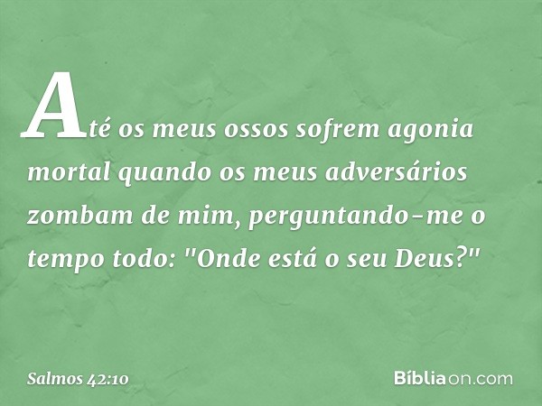 Até os meus ossos sofrem agonia mortal
quando os meus adversários zombam de mim,
perguntando-me o tempo todo:
"Onde está o seu Deus?" -- Salmo 42:10