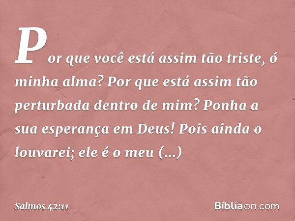 Por que você está assim tão triste,
ó minha alma?
Por que está assim tão perturbada
dentro de mim?
Ponha a sua esperança em Deus!
Pois ainda o louvarei;
ele é o