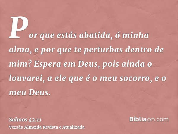 Por que estás abatida, ó minha alma, e por que te perturbas dentro de mim? Espera em Deus, pois ainda o louvarei, a ele que é o meu socorro, e o meu Deus.