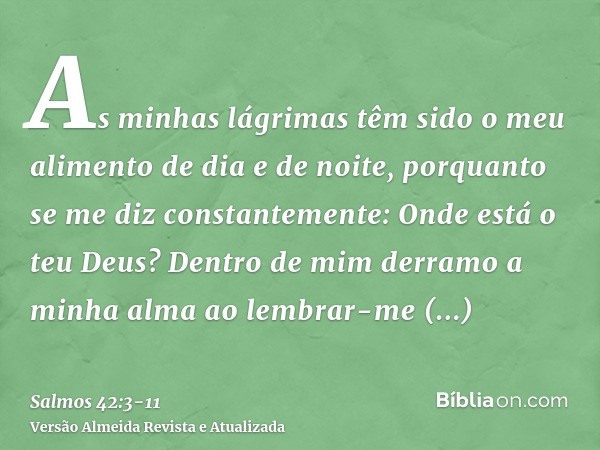 As minhas lágrimas têm sido o meu alimento de dia e de noite, porquanto se me diz constantemente: Onde está o teu Deus?Dentro de mim derramo a minha alma ao lem