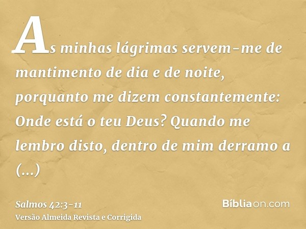 As minhas lágrimas servem-me de mantimento de dia e de noite, porquanto me dizem constantemente: Onde está o teu Deus?Quando me lembro disto, dentro de mim derr