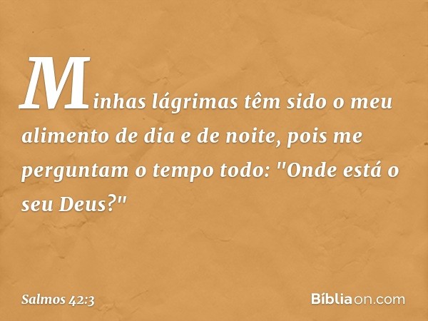 Minhas lágrimas têm sido o meu alimento
de dia e de noite,
pois me perguntam o tempo todo:
"Onde está o seu Deus?" -- Salmo 42:3