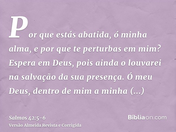 Por que estás abatida, ó minha alma, e por que te perturbas em mim? Espera em Deus, pois ainda o louvarei na salvação da sua presença.Ó meu Deus, dentro de mim 