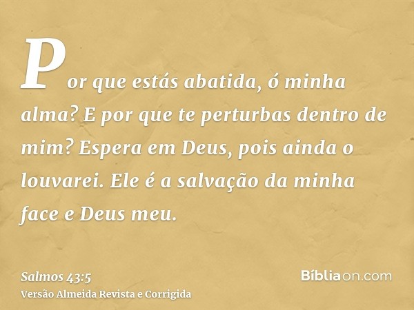 Por que estás abatida, ó minha alma? E por que te perturbas dentro de mim? Espera em Deus, pois ainda o louvarei. Ele é a salvação da minha face e Deus meu.