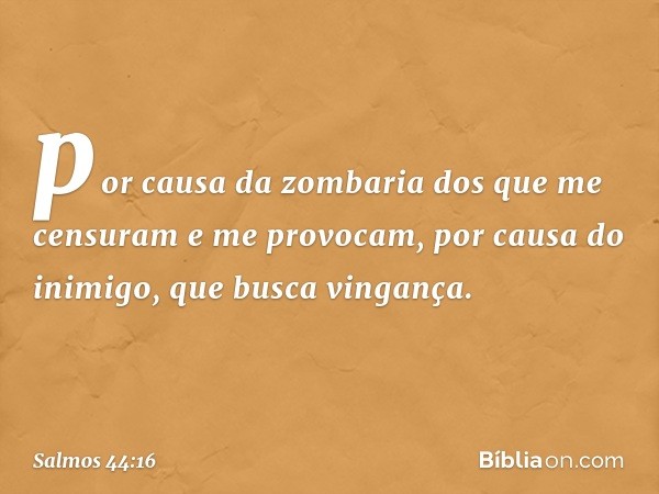 por causa da zombaria
dos que me censuram e me provocam,
por causa do inimigo, que busca vingança. -- Salmo 44:16