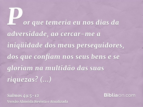 Por que temeria eu nos dias da adversidade, ao cercar-me a iniqüidade dos meus perseguidores,dos que confiam nos seus bens e se gloriam na multidão das suas riq