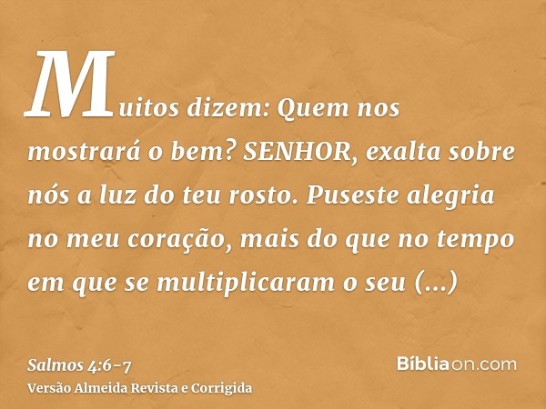 Muitos dizem: Quem nos mostrará o bem? SENHOR, exalta sobre nós a luz do teu rosto.Puseste alegria no meu coração, mais do que no tempo em que se multiplicaram 