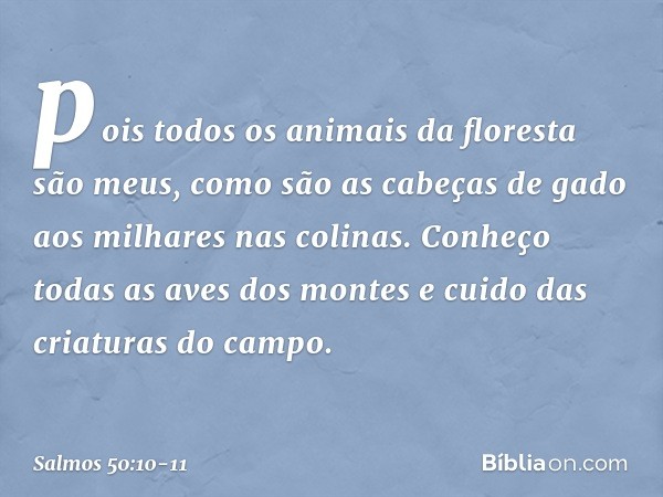 pois todos os animais da floresta são meus,
como são as cabeças de gado
aos milhares nas colinas. Conheço todas as aves dos montes
e cuido das criaturas do camp