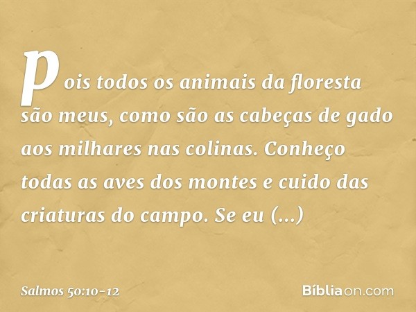 pois todos os animais da floresta são meus,
como são as cabeças de gado
aos milhares nas colinas. Conheço todas as aves dos montes
e cuido das criaturas do camp