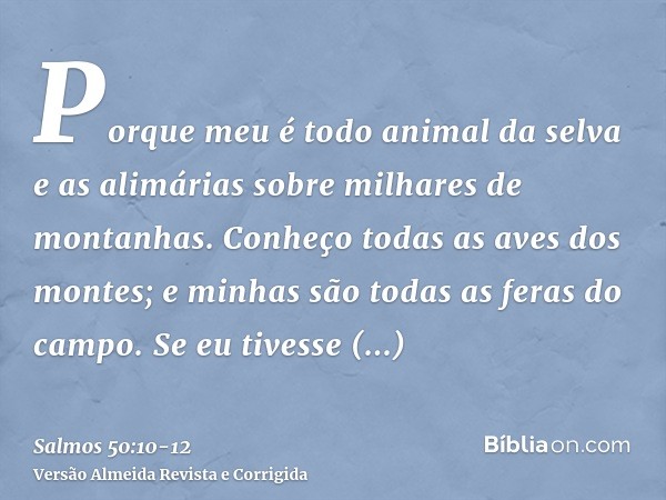 Porque meu é todo animal da selva e as alimárias sobre milhares de montanhas.Conheço todas as aves dos montes; e minhas são todas as feras do campo.Se eu tivess