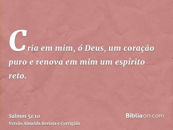 Cria em mim, ó Deus, um coração puro e renova em mim um espírito reto.
