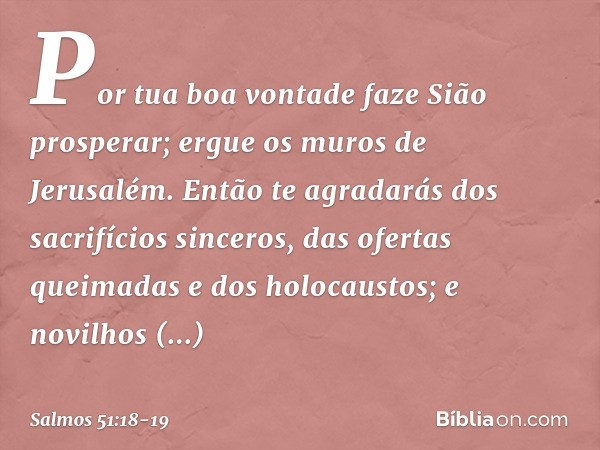 Por tua boa vontade faze Sião prosperar;
ergue os muros de Jerusalém. Então te agradarás dos sacrifícios sinceros,
das ofertas queimadas e dos holocaustos;
e no