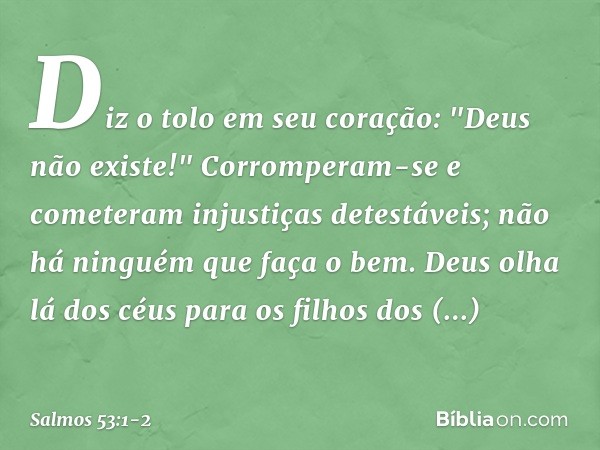 Diz o tolo em seu coração:
"Deus não existe!"
Corromperam-se
e cometeram injustiças detestáveis;
não há ninguém que faça o bem. Deus olha lá dos céus
para os fi