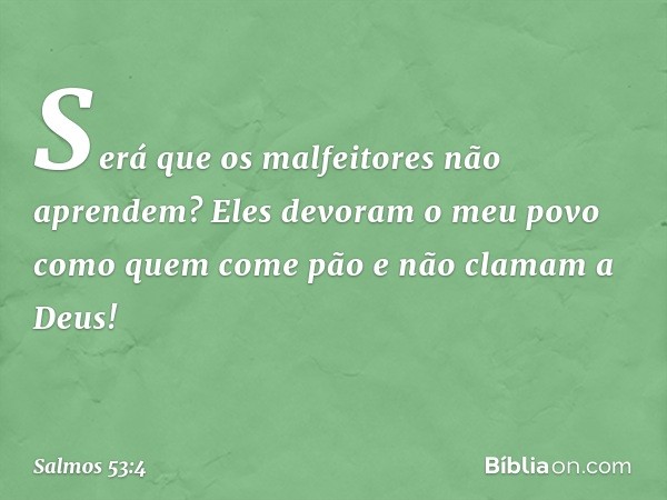 Será que os malfeitores não aprendem?
Eles devoram o meu povo
como quem come pão
e não clamam a Deus! -- Salmo 53:4