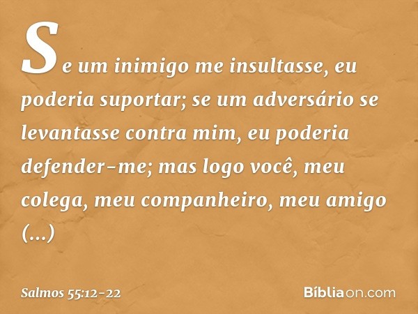 Se um inimigo me insultasse,
eu poderia suportar;
se um adversário se levantasse contra mim,
eu poderia defender-me; mas logo você, meu colega,
meu companheiro,