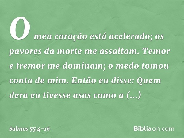 O meu coração está acelerado;
os pavores da morte me assaltam. Temor e tremor me dominam;
o medo tomou conta de mim. Então eu disse:
Quem dera eu tivesse asas c