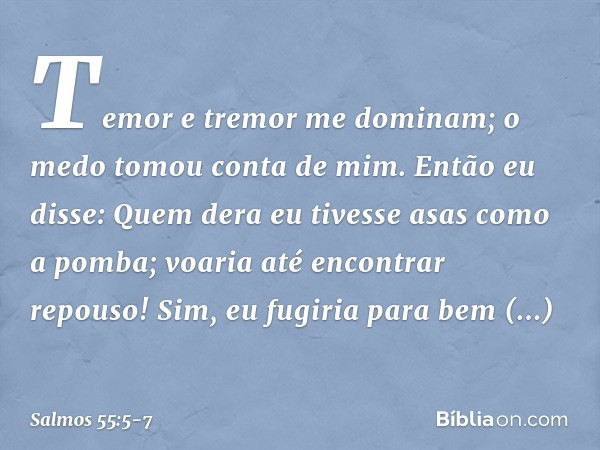 Temor e tremor me dominam;
o medo tomou conta de mim. Então eu disse:
Quem dera eu tivesse asas como a pomba;
voaria até encontrar repouso! Sim, eu fugiria para