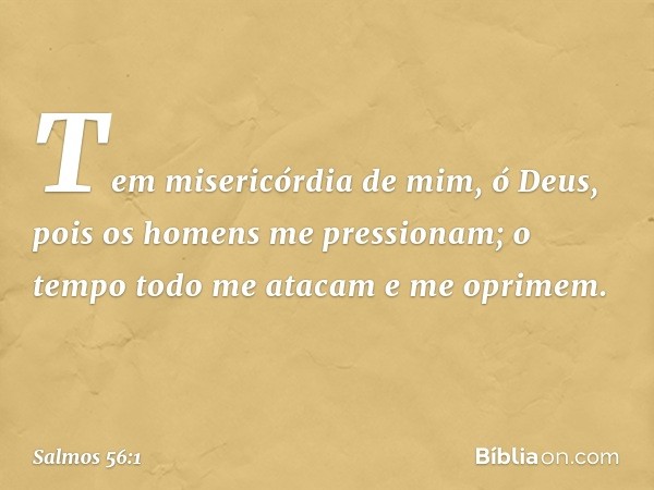 Tem misericórdia de mim, ó Deus,
pois os homens me pressionam;
o tempo todo me atacam e me oprimem. -- Salmo 56:1