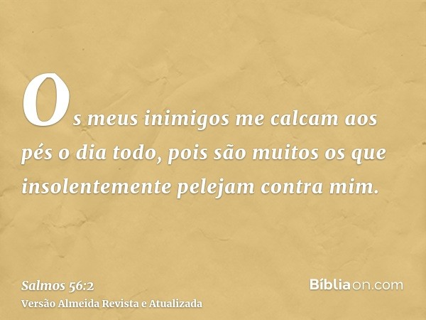 Os meus inimigos me calcam aos pés o dia todo, pois são muitos os que insolentemente pelejam contra mim.