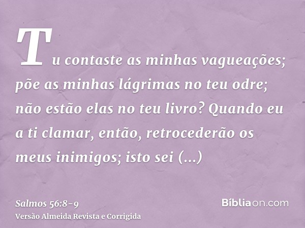 Tu contaste as minhas vagueações; põe as minhas lágrimas no teu odre; não estão elas no teu livro?Quando eu a ti clamar, então, retrocederão os meus inimigos; i