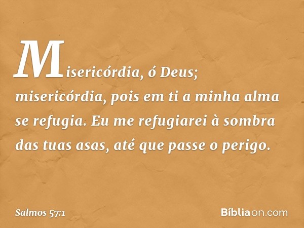 Misericórdia, ó Deus; misericórdia,
pois em ti a minha alma se refugia.
Eu me refugiarei à sombra das tuas asas,
até que passe o perigo. -- Salmo 57:1