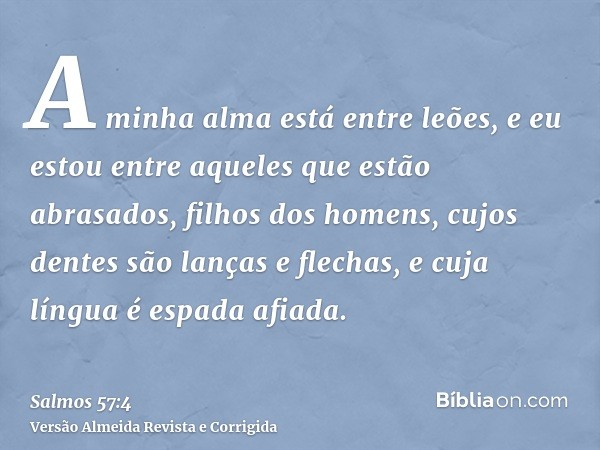 A minha alma está entre leões, e eu estou entre aqueles que estão abrasados, filhos dos homens, cujos dentes são lanças e flechas, e cuja língua é espada afiada