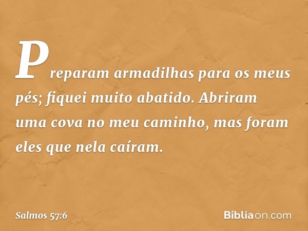 Preparam armadilhas para os meus pés;
fiquei muito abatido.
Abriram uma cova no meu caminho,
mas foram eles que nela caíram. -- Salmo 57:6