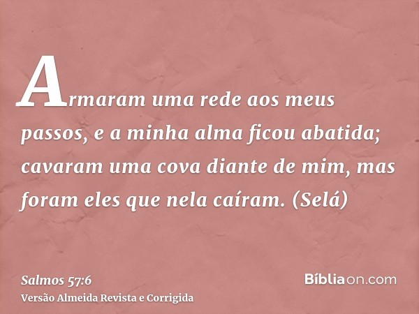 Armaram uma rede aos meus passos, e a minha alma ficou abatida; cavaram uma cova diante de mim, mas foram eles que nela caíram. (Selá)