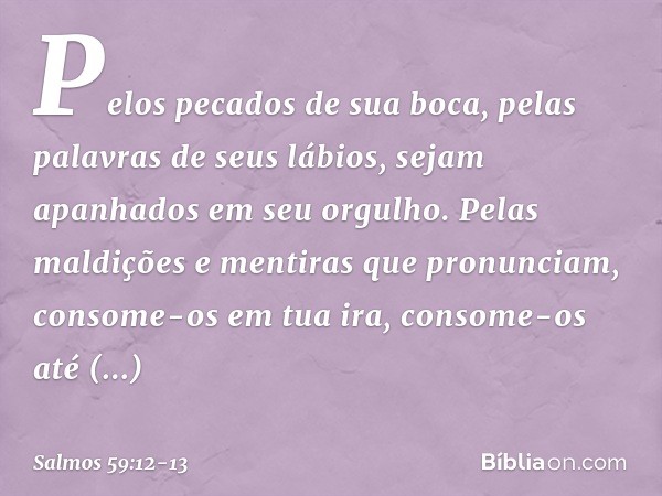 Pelos pecados de sua boca,
pelas palavras de seus lábios,
sejam apanhados em seu orgulho.
Pelas maldições e mentiras que pronunciam, consome-os em tua ira,
cons