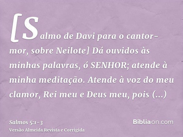 [Salmo de Davi para o cantor-mor, sobre Neilote] Dá ouvidos às minhas palavras, ó SENHOR; atende à minha meditação.Atende à voz do meu clamor, Rei meu e Deus me