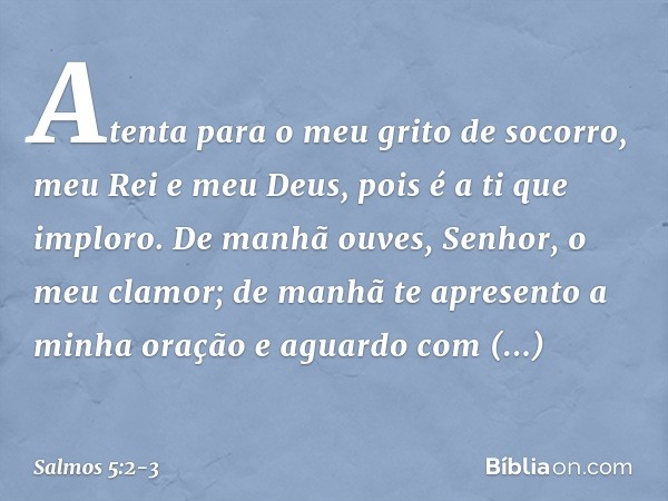 Atenta para o meu grito de socorro,
meu Rei e meu Deus,
pois é a ti que imploro. De manhã ouves, Senhor, o meu clamor;
de manhã te apresento a minha oração
e ag