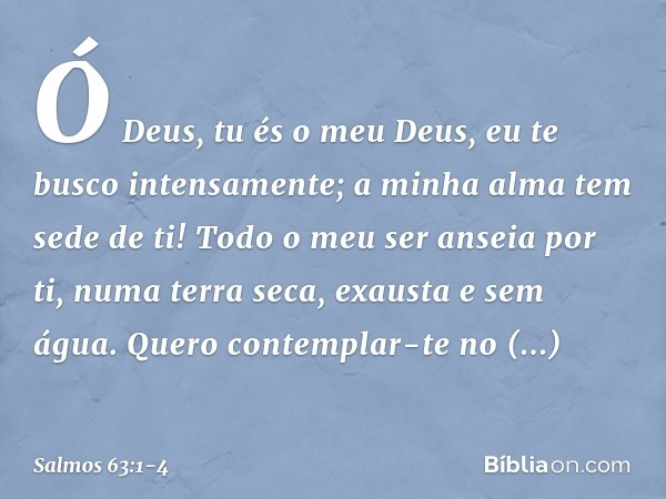 Ó Deus, tu és o meu Deus,
eu te busco intensamente;
a minha alma tem sede de ti!
Todo o meu ser anseia por ti,
numa terra seca, exausta e sem água. Quero contem