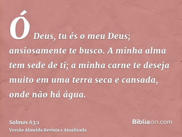 Ó Deus, tu és o meu Deus; ansiosamente te busco. A minha alma tem sede de ti; a minha carne te deseja muito em uma terra seca e cansada, onde não há água.