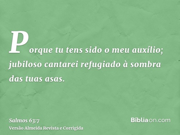 Porque tu tens sido o meu auxílio; jubiloso cantarei refugiado à sombra das tuas asas.