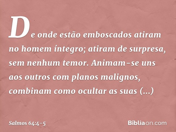De onde estão emboscados
atiram no homem íntegro;
atiram de surpresa, sem nenhum temor. Animam-se uns aos outros
com planos malignos,
combinam como ocultar as s