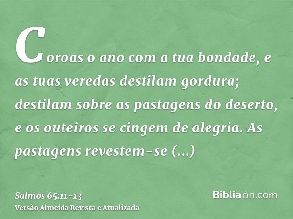 Coroas o ano com a tua bondade, e as tuas veredas destilam gordura;destilam sobre as pastagens do deserto, e os outeiros se cingem de alegria.As pastagens reves