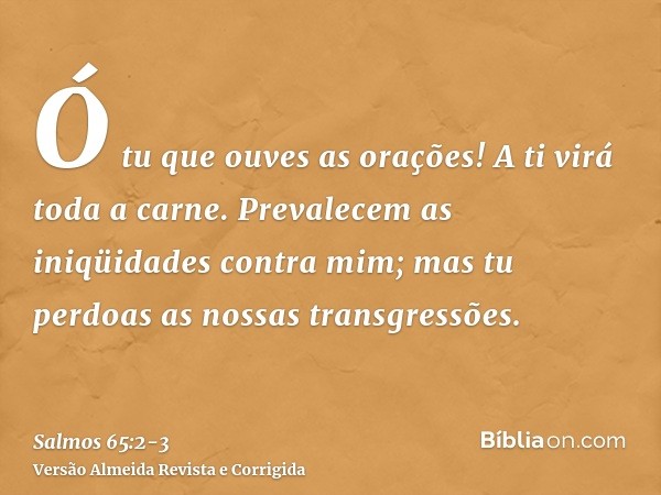 Ó tu que ouves as orações! A ti virá toda a carne.Prevalecem as iniqüidades contra mim; mas tu perdoas as nossas transgressões.