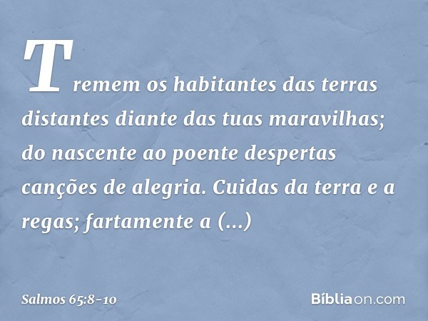 Tremem os habitantes das terras distantes
diante das tuas maravilhas;
do nascente ao poente
despertas canções de alegria. Cuidas da terra e a regas;
fartamente 