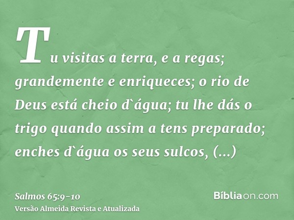 Tu visitas a terra, e a regas; grandemente e enriqueces; o rio de Deus está cheio d`água; tu lhe dás o trigo quando assim a tens preparado;enches d`água os seus