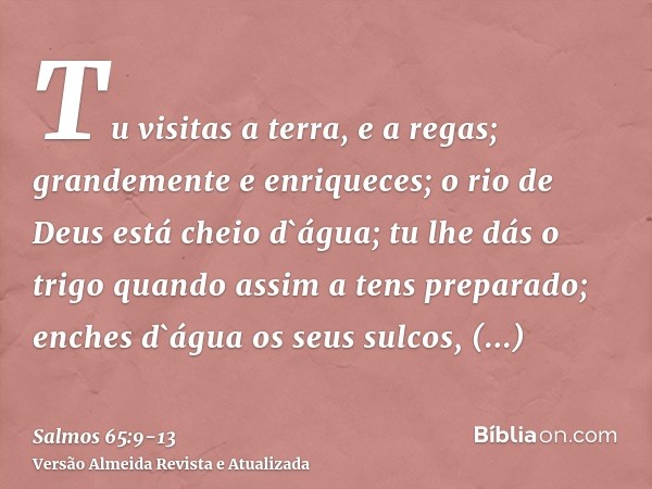 Tu visitas a terra, e a regas; grandemente e enriqueces; o rio de Deus está cheio d`água; tu lhe dás o trigo quando assim a tens preparado;enches d`água os seus