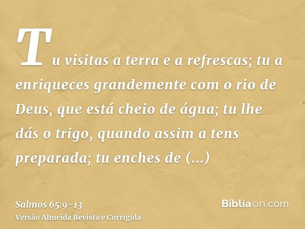 Tu visitas a terra e a refrescas; tu a enriqueces grandemente com o rio de Deus, que está cheio de água; tu lhe dás o trigo, quando assim a tens preparada;tu en