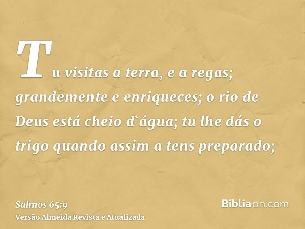 Tu visitas a terra, e a regas; grandemente e enriqueces; o rio de Deus está cheio d`água; tu lhe dás o trigo quando assim a tens preparado;