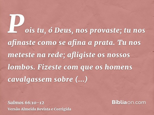 Pois tu, ó Deus, nos provaste; tu nos afinaste como se afina a prata.Tu nos meteste na rede; afligiste os nossos lombos.Fizeste com que os homens cavalgassem so