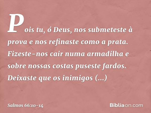 Pois tu, ó Deus, nos submeteste à prova
e nos refinaste como a prata. Fizeste-nos cair numa armadilha
e sobre nossas costas puseste fardos. Deixaste que os inim