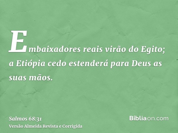 Embaixadores reais virão do Egito; a Etiópia cedo estenderá para Deus as suas mãos.