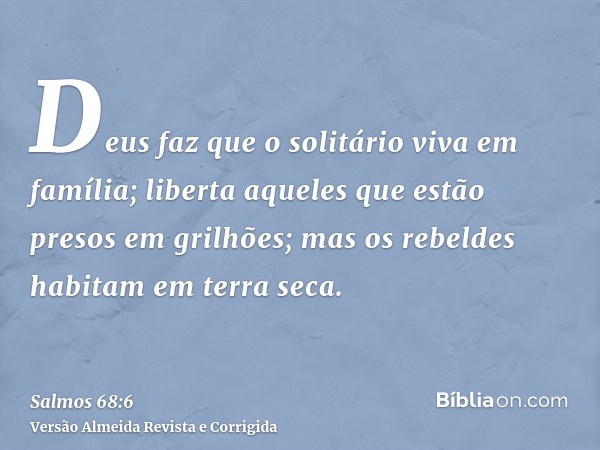 Deus faz que o solitário viva em família; liberta aqueles que estão presos em grilhões; mas os rebeldes habitam em terra seca.