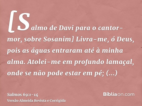 [Salmo de Davi para o cantor-mor, sobre Sosanim] Livra-me, ó Deus, pois as águas entraram até à minha alma.Atolei-me em profundo lamaçal, onde se não pode estar