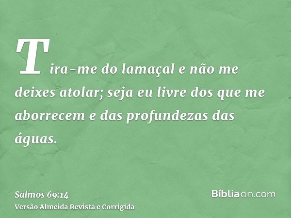 Tira-me do lamaçal e não me deixes atolar; seja eu livre dos que me aborrecem e das profundezas das águas.